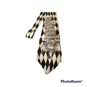 Vintage Looney Tunes Black and White Pisa Italy  Taz 100% silk tie 59"